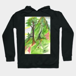 Green Grass Forest Land Trees Cave Mountain Woods Pink Sky Rock Colored Pencil Hoodie